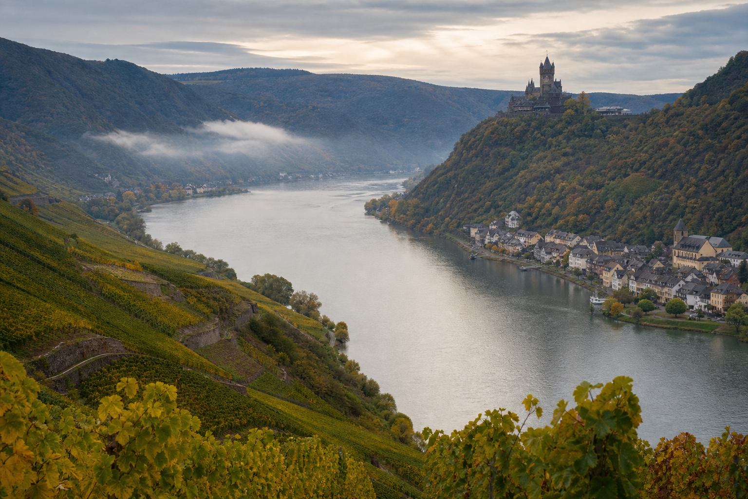 Burg über dem Rheintal mit Weinbergen